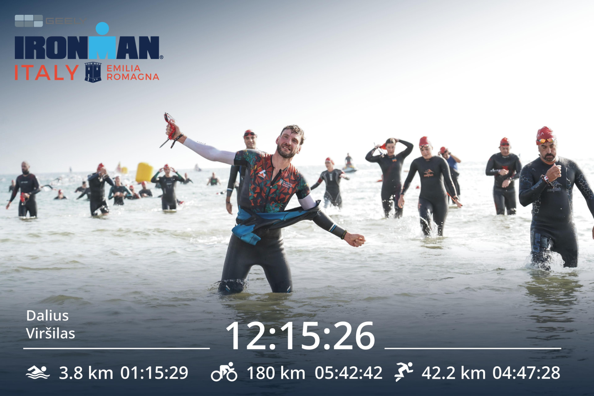 Dalius celebrating at the IRONMAN Italy swim exit